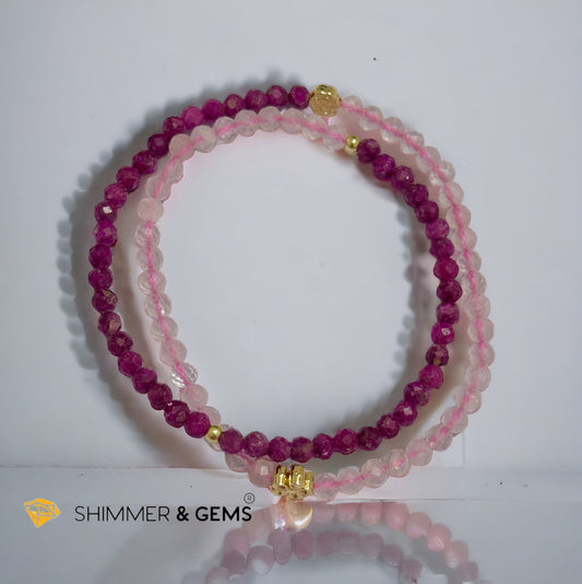 Beauty & Grace Infinity Double Bracelet (Ruby, Rose Quartz 4mm with 14k gold plated copper Lotus & Rose Charms)