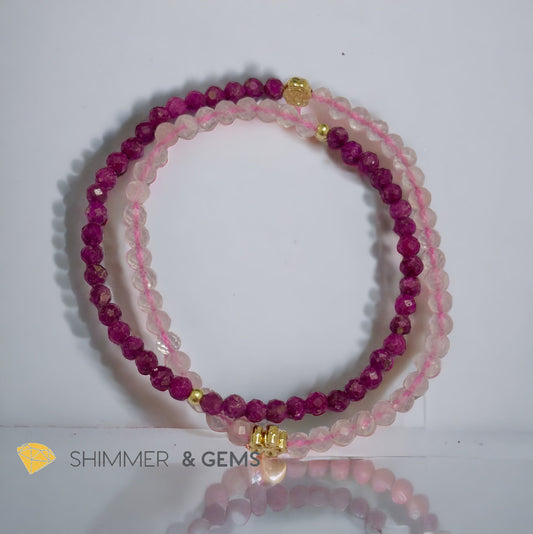 Beauty & Grace Infinity Double Bracelet (Ruby, Rose Quartz 4mm with 14k gold plated copper Lotus & Rose Charms)
