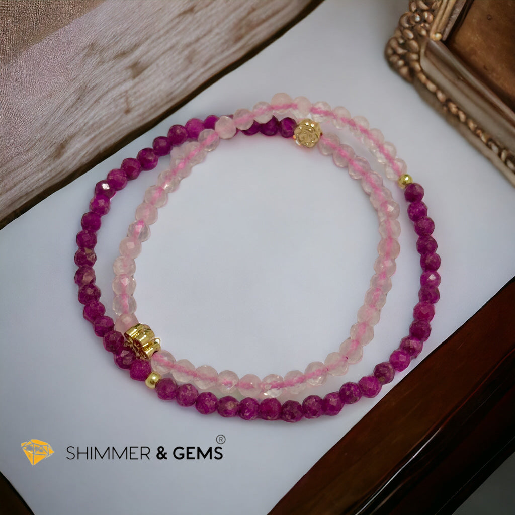 Beauty & Grace Infinity Double Bracelet (Ruby, Rose Quartz 4mm with 14k gold plated copper Lotus & Rose Charms)