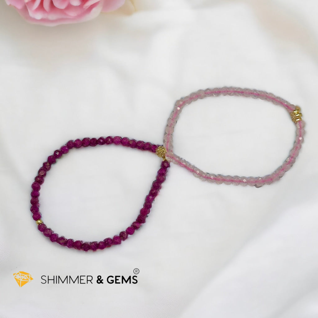 Beauty & Grace Infinity Double Bracelet (Ruby, Rose Quartz 4mm with 14k gold plated copper Lotus & Rose Charms)