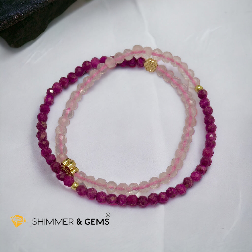Beauty & Grace Infinity Double Bracelet (Ruby, Rose Quartz 4mm with 14k gold plated copper Lotus & Rose Charms)