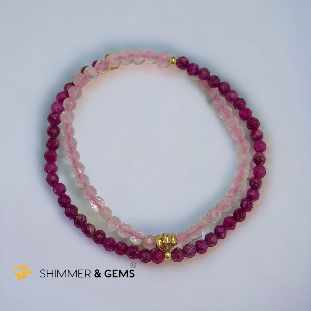 Beauty & Grace Infinity Double Bracelet (Ruby, Rose Quartz 4mm with 14k gold plated copper Lotus & Rose Charms)