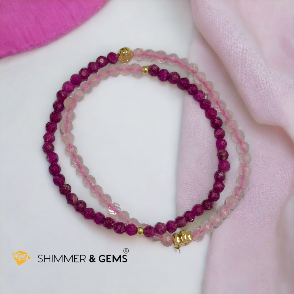 Beauty & Grace Infinity Double Bracelet (Ruby, Rose Quartz 4mm with 14k gold plated copper Lotus & Rose Charms)