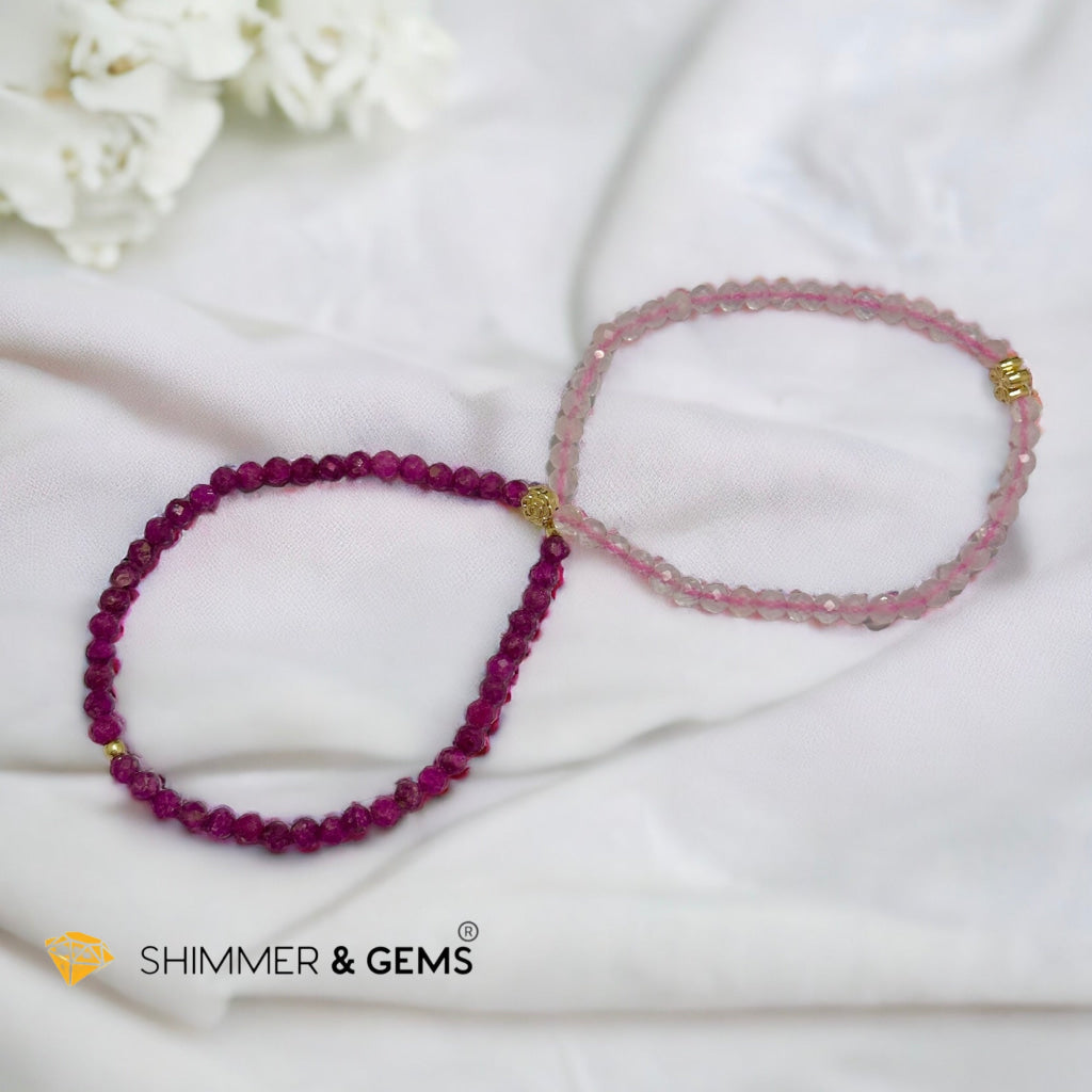 Beauty & Grace Infinity Double Bracelet (Ruby, Rose Quartz 4mm with 14k gold plated copper Lotus & Rose Charms)