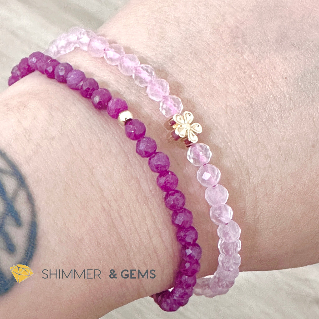 Beauty & Grace Infinity Double Bracelet (Ruby, Rose Quartz 4mm with 14k gold plated copper Lotus & Rose Charms)