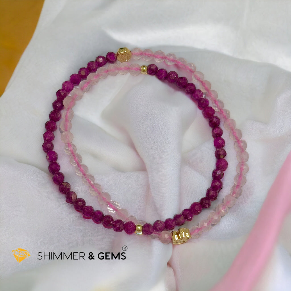 Beauty & Grace Infinity Double Bracelet (Ruby, Rose Quartz 4mm with 14k gold plated copper Lotus & Rose Charms)