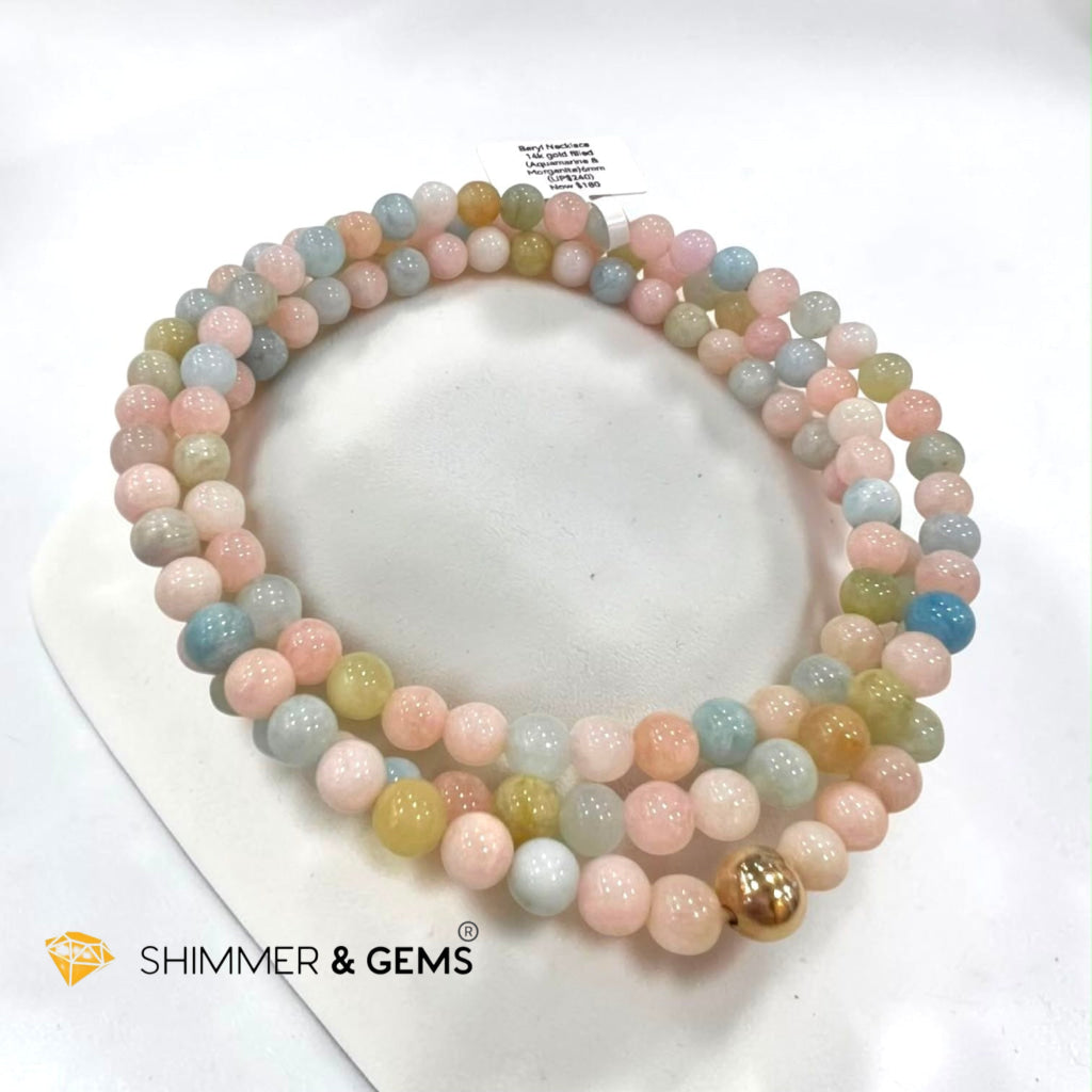 Beryl Long Necklace with 14k gold filled (Aquamarine & Morganite)6mm