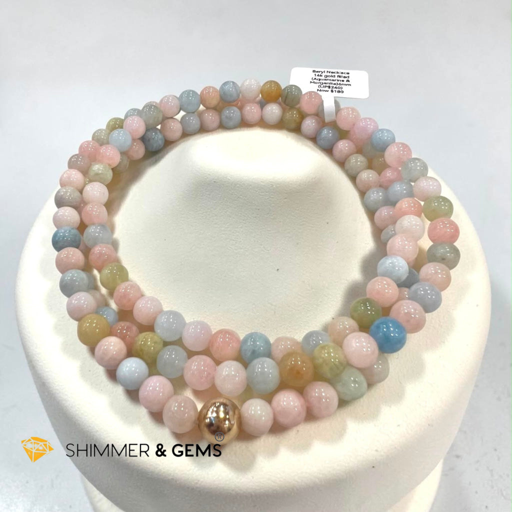 Beryl Long Necklace with 14k gold filled (Aquamarine & Morganite)6mm