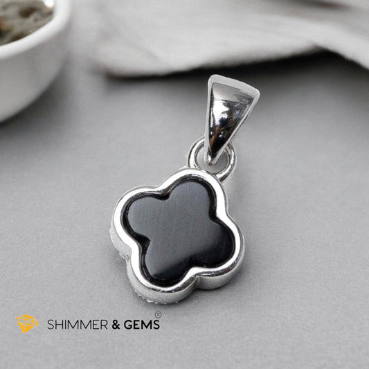 Black Agate Clover 925 Silver Pendant (AA)