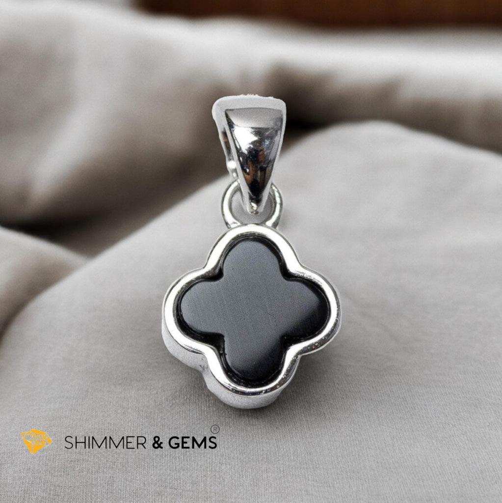 Black Agate Clover 925 Silver Pendant (AA)