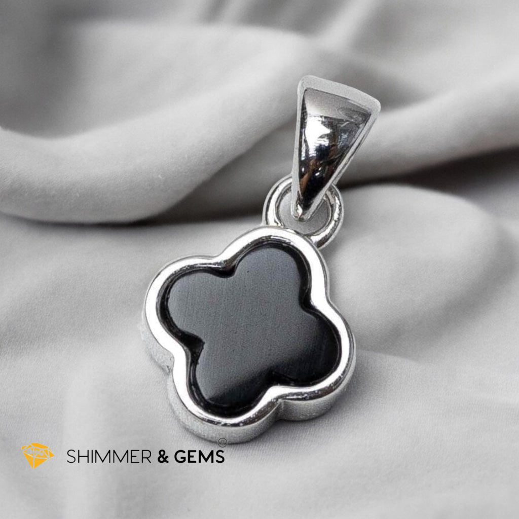 Black Agate Clover 925 Silver Pendant (AA)