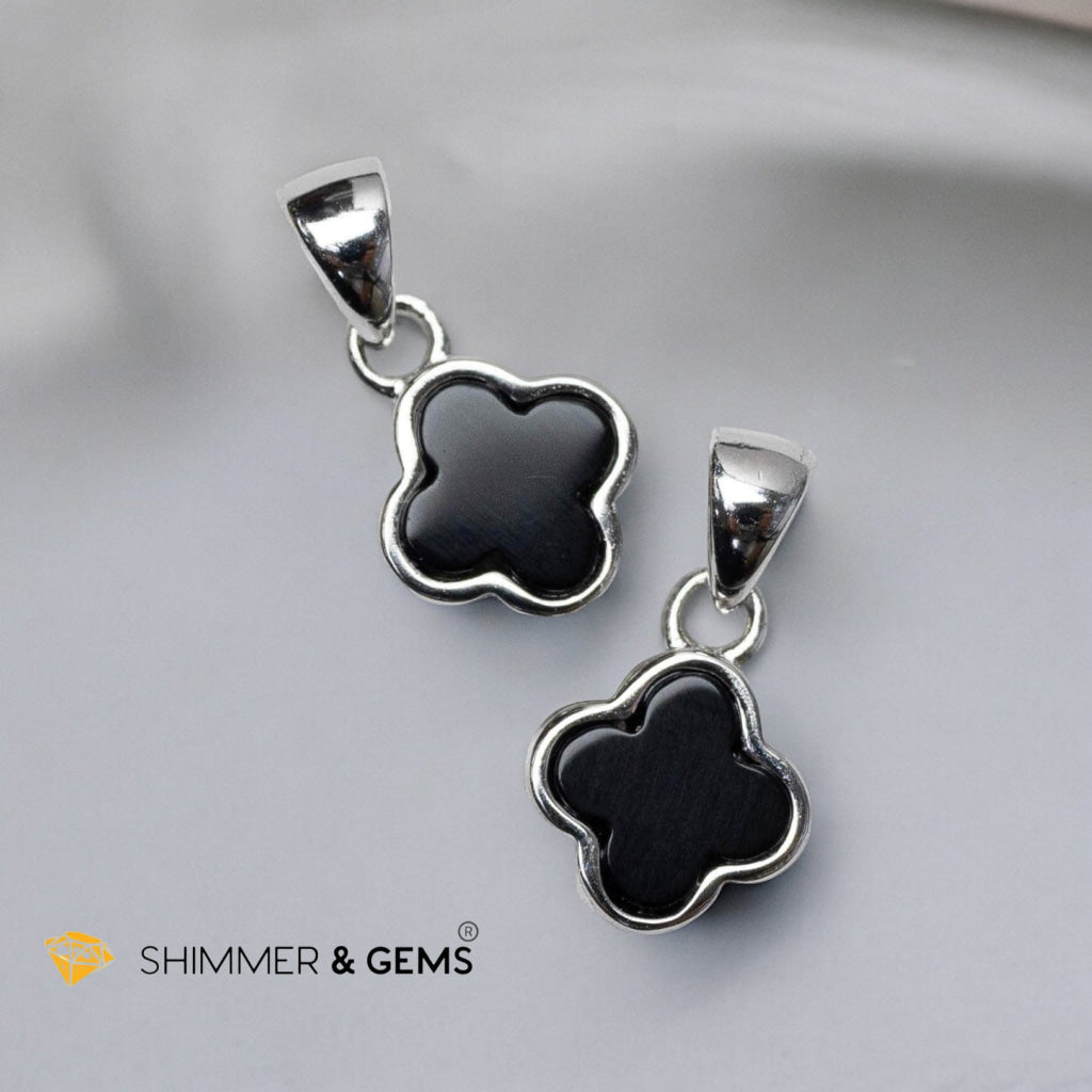 Black Agate Clover 925 Silver Pendant (AA)