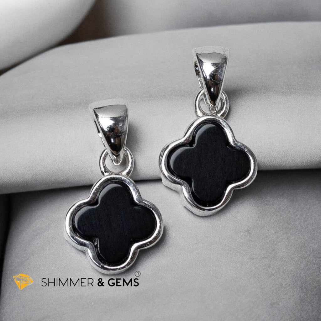 Black Agate Clover 925 Silver Pendant (AA)