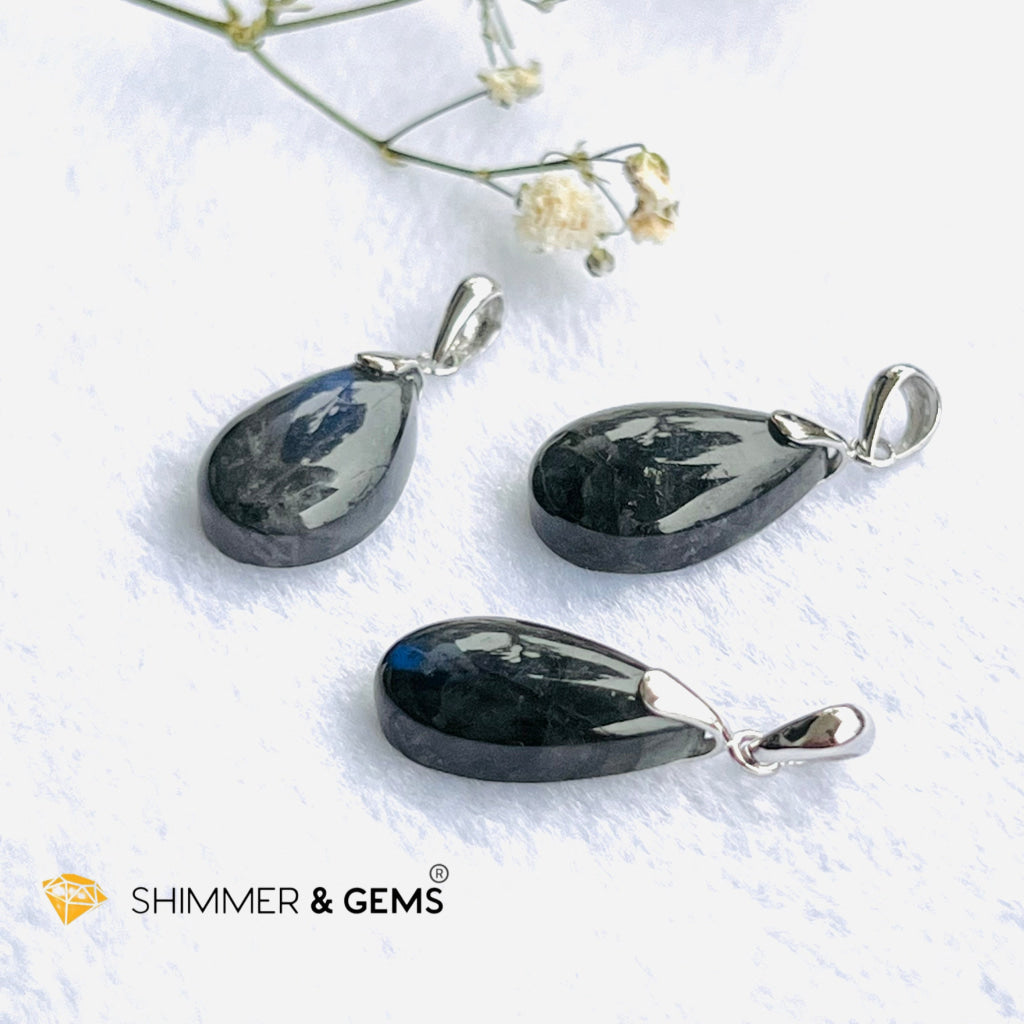 Black Blue Labradorite Tear Drop Pendant 925 Silver (Larvikite) Charms & Pendants