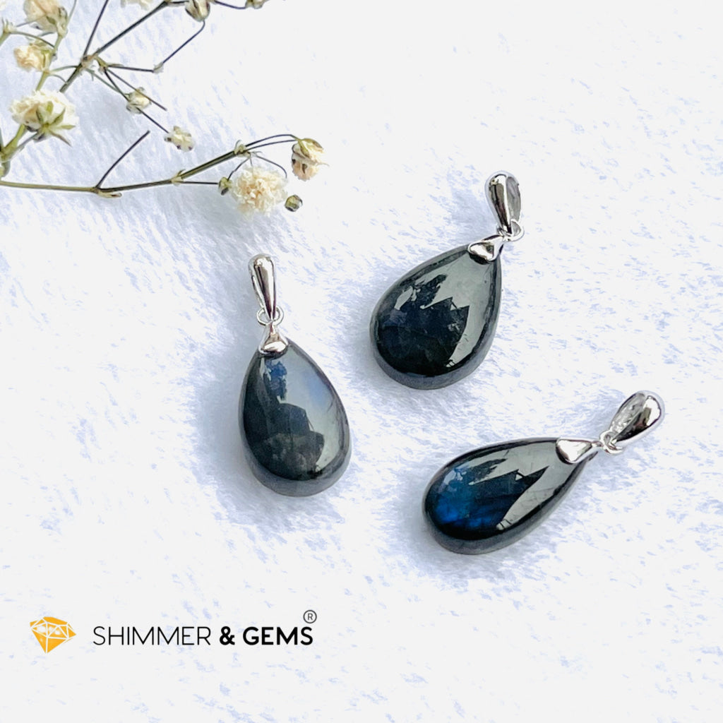 Black Blue Labradorite Tear Drop Pendant 925 Silver (Larvikite) Charms & Pendants