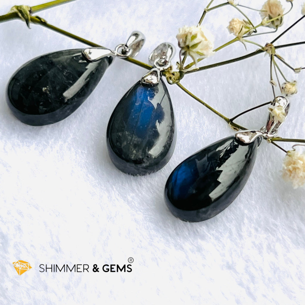 Black Blue Labradorite Tear Drop Pendant 925 Silver (Larvikite) Charms & Pendants