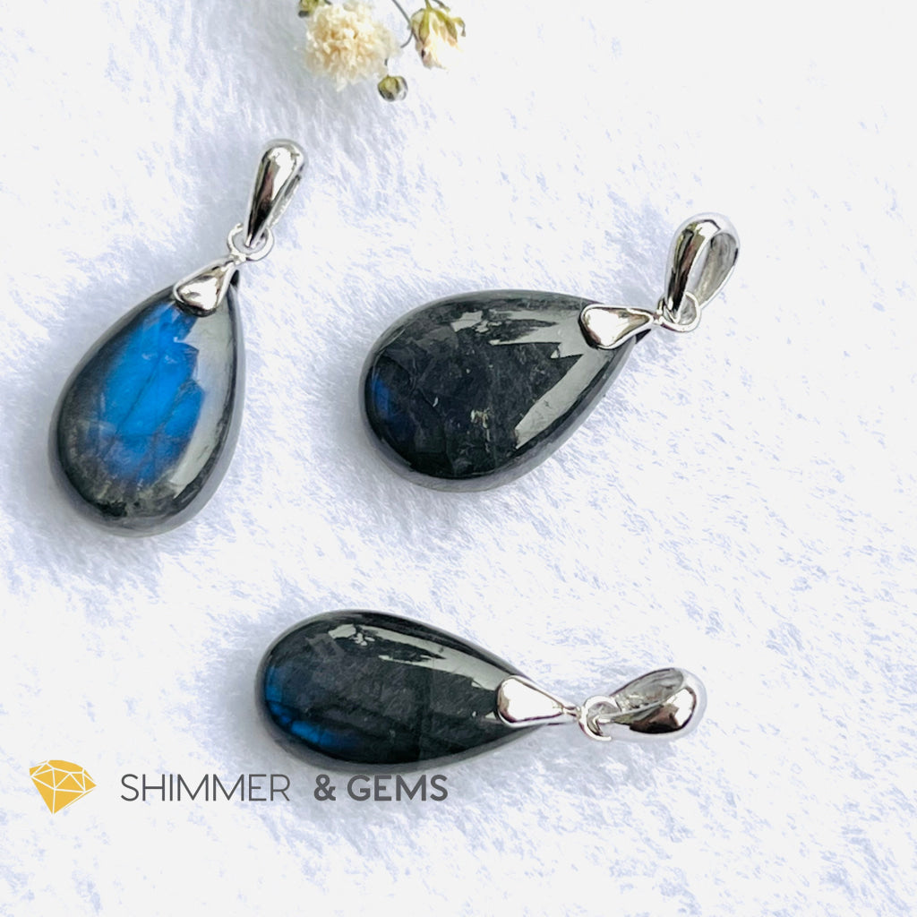 Black Blue Labradorite Tear Drop Pendant 925 Silver (Larvikite) Charms & Pendants