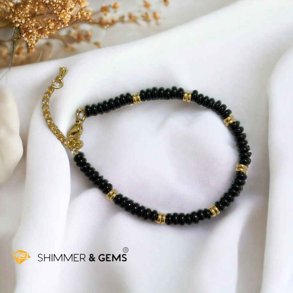 Black Onyx 4mm Rondelle Bracelet with stainless steel chain