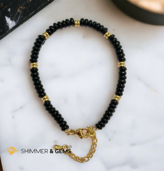 Black Onyx 4mm Rondelle Bracelet with stainless steel chain