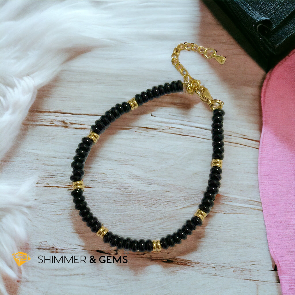 Black Onyx 4mm Rondelle Bracelet with stainless steel chain