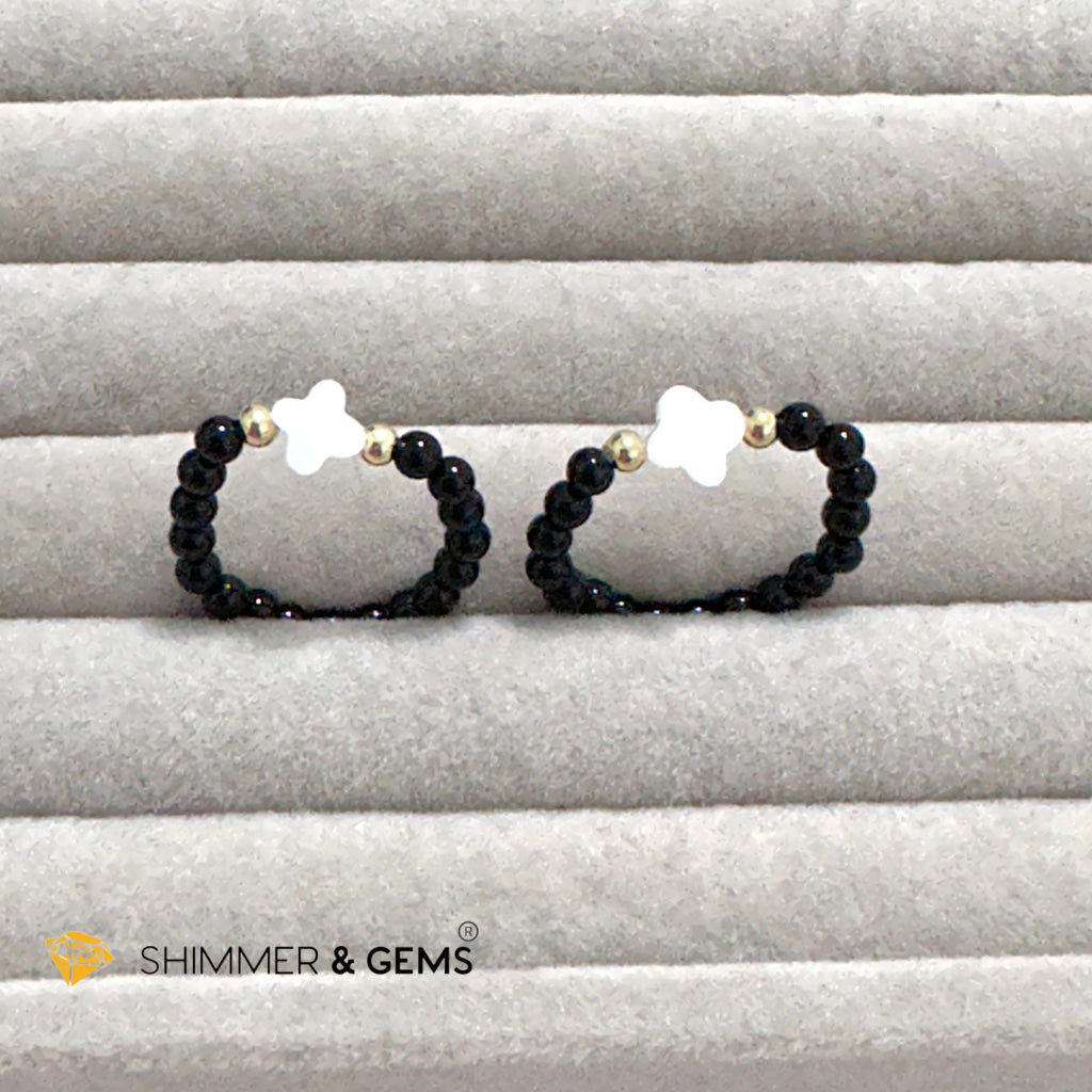 Black Onyx Beads Ring with Mother Pearl Clover & 14k gold filled beads