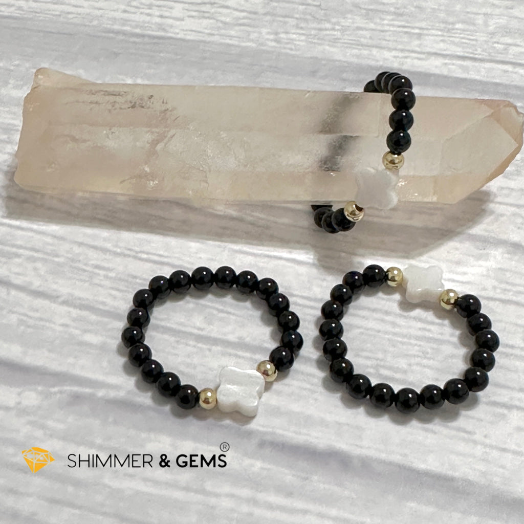 Black Onyx Beads Ring with Mother Pearl Clover & 14k gold filled beads