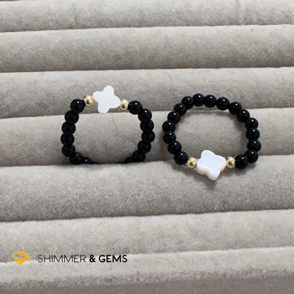 Black Onyx Beads Ring with Mother Pearl Clover & 14k gold filled beads