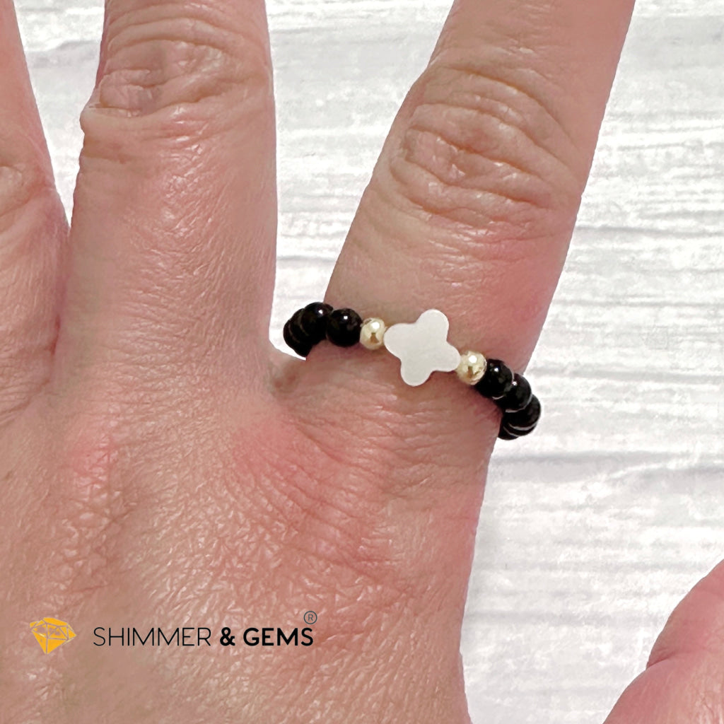 Black Onyx Beads Ring with Mother Pearl Clover & 14k gold filled beads