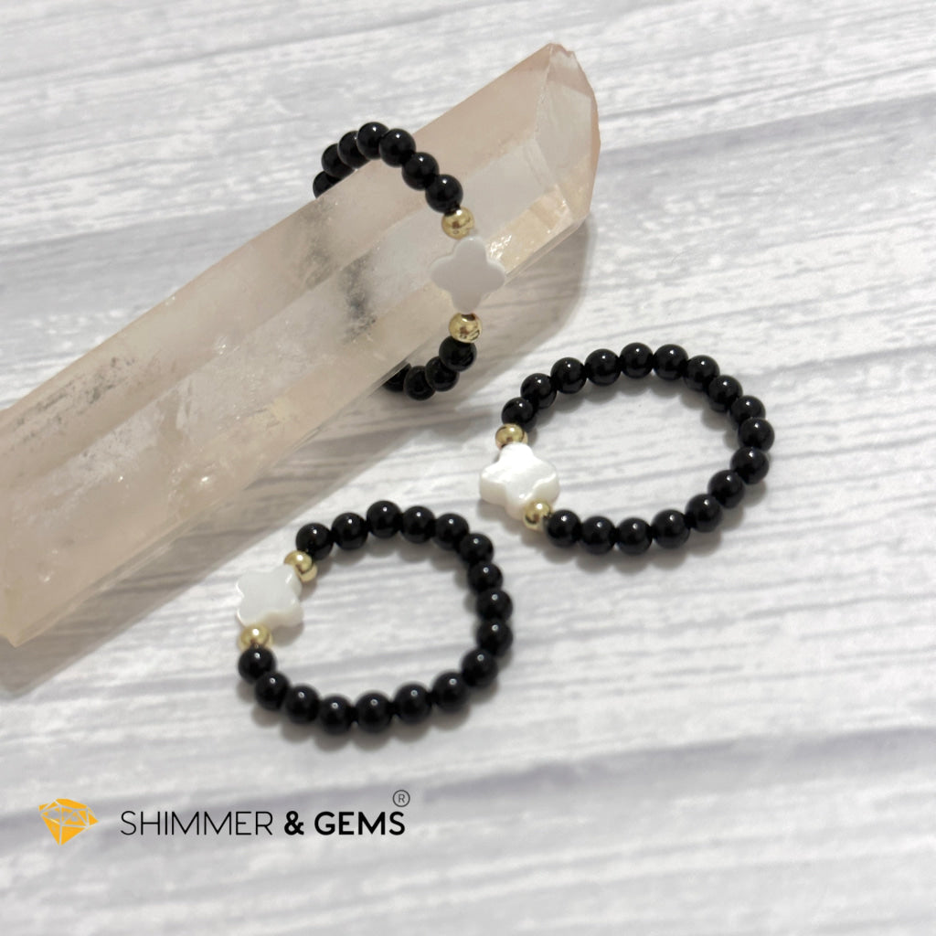 Black Onyx Beads Ring with Mother Pearl Clover & 14k gold filled beads