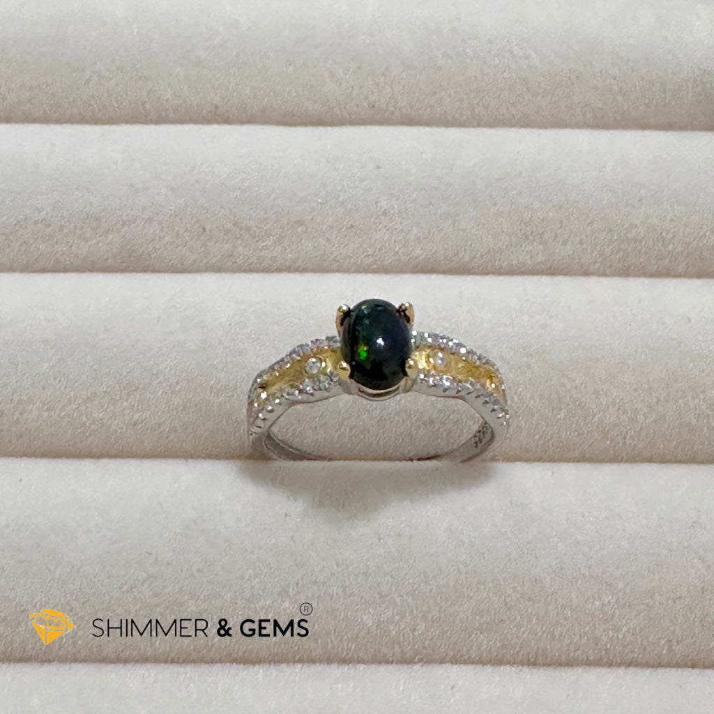 Black Opal with Blue Green Flashes 925 Silver 4x6mm 9 carats Adjustable Ring (Australia)