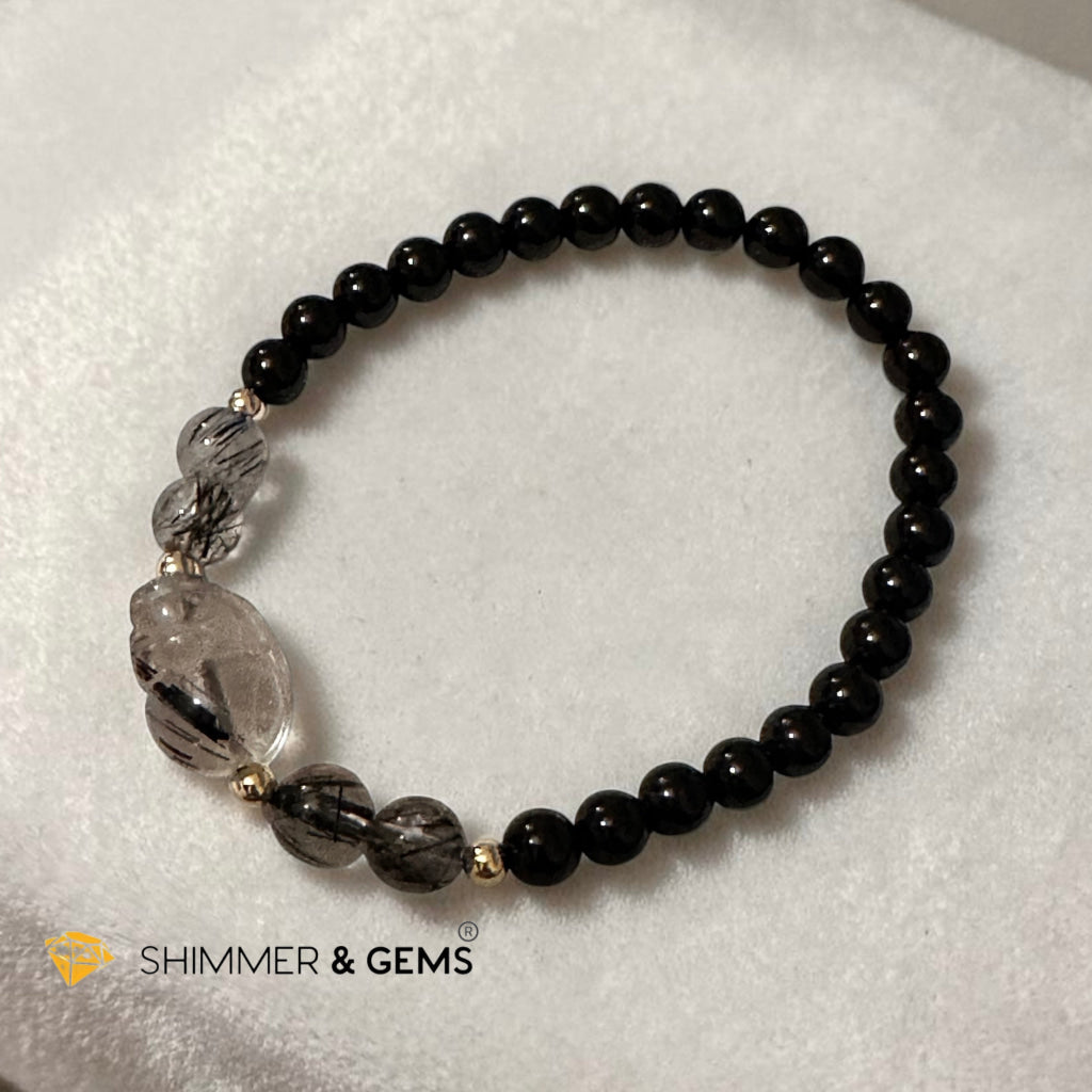 Black Rutilated Quartz Pixiu & Black Tourmaline 6mm Bracelet
