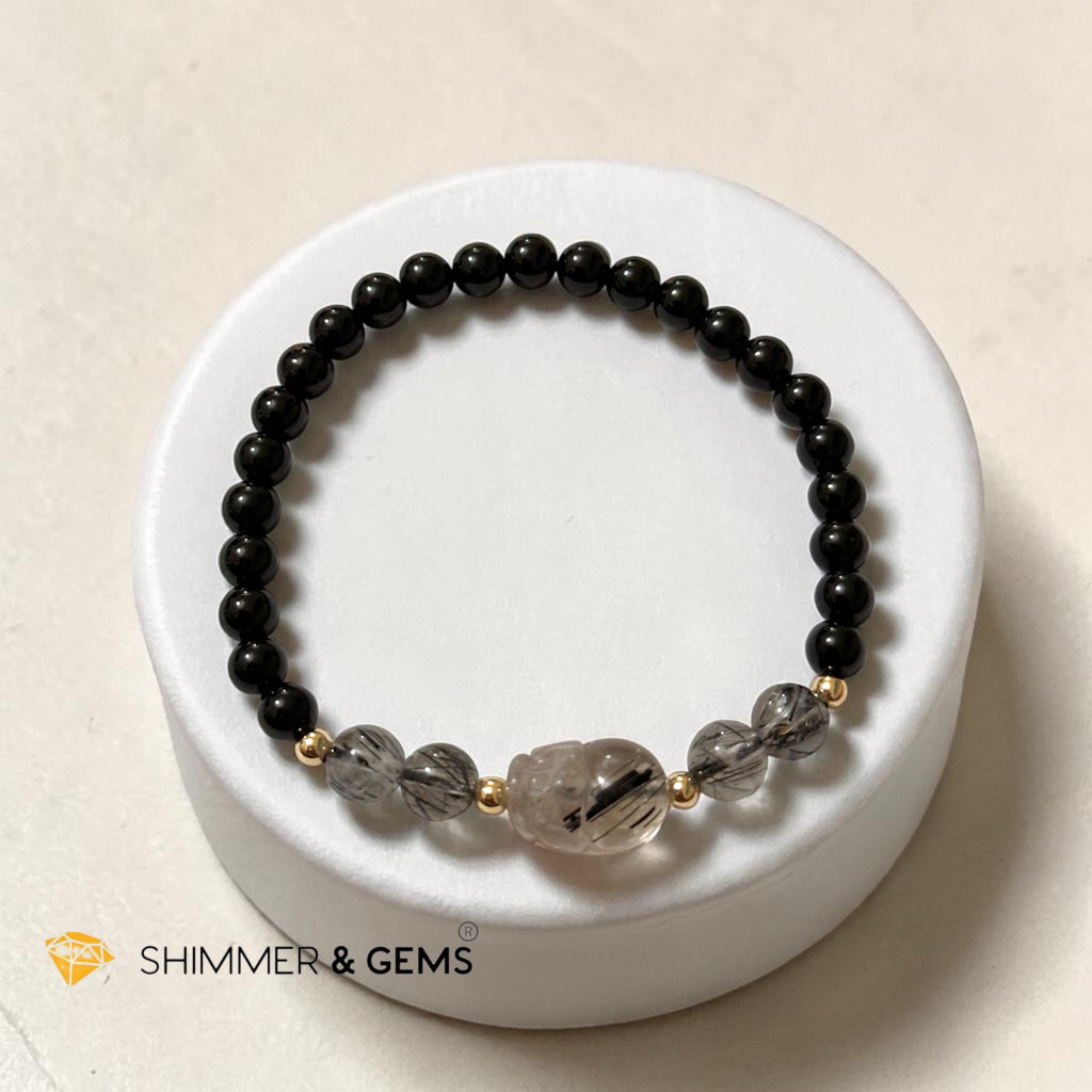 Black Rutilated Quartz Pixiu & Black Tourmaline 6mm Bracelet