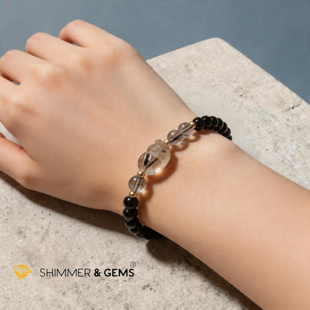 Black Rutilated Quartz Pixiu & Black Tourmaline 6mm Bracelet