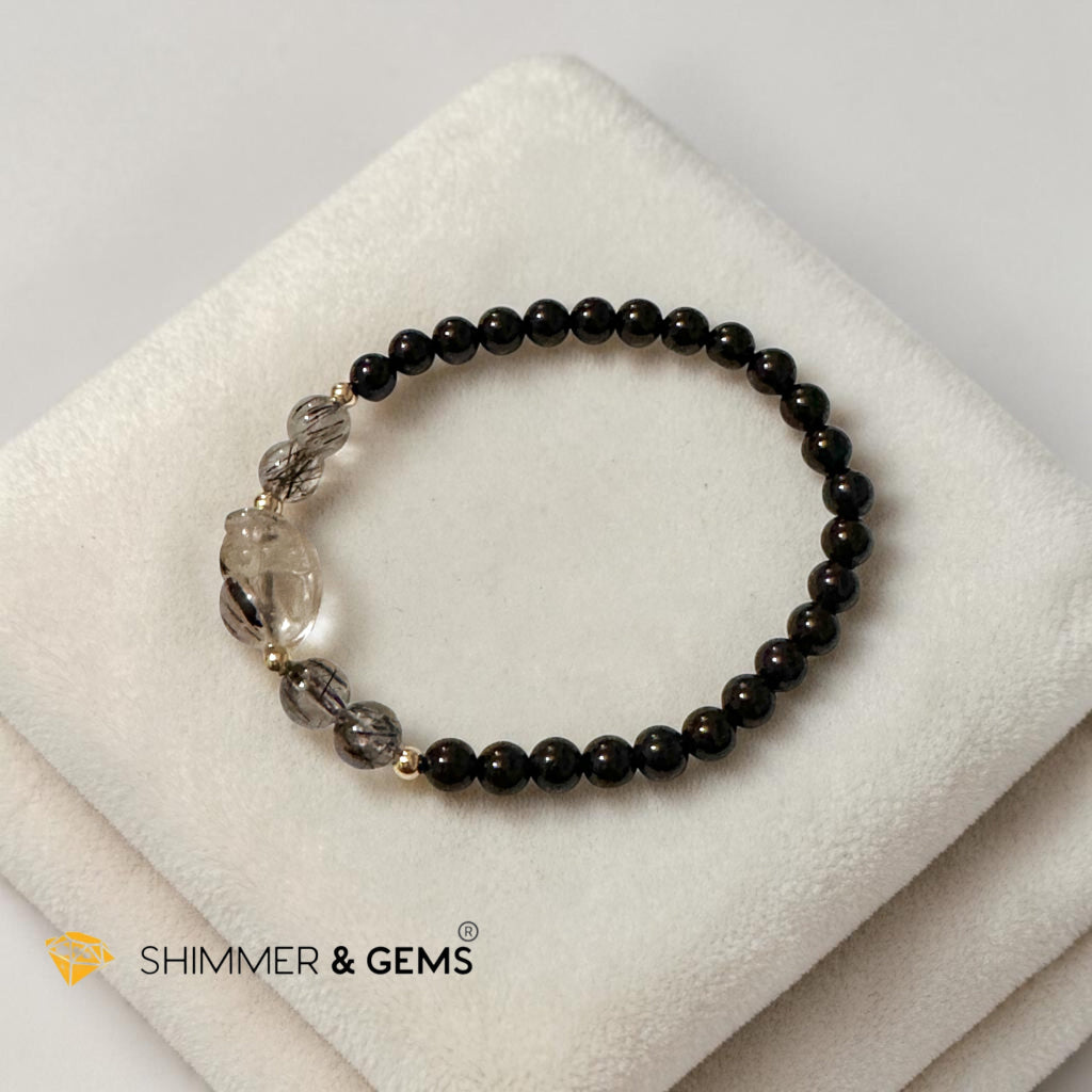 Black Rutilated Quartz Pixiu & Black Tourmaline 6mm Bracelet