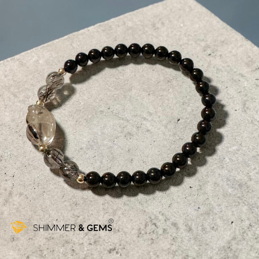 Black Rutilated Quartz Pixiu & Black Tourmaline 6mm Bracelet