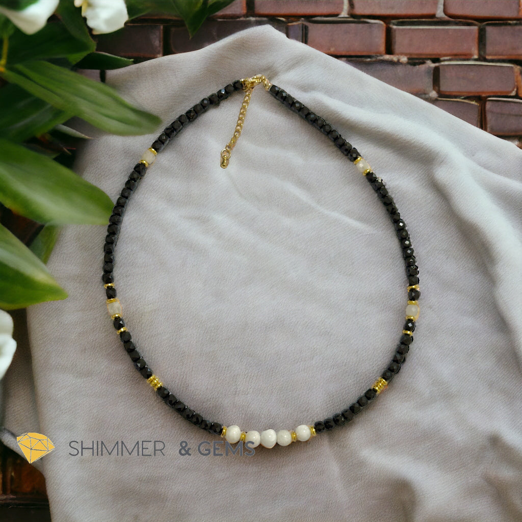 Black Spinel Cube with Opaque Round Moonstone Necklace with Stainless Steel Beads and Clasp