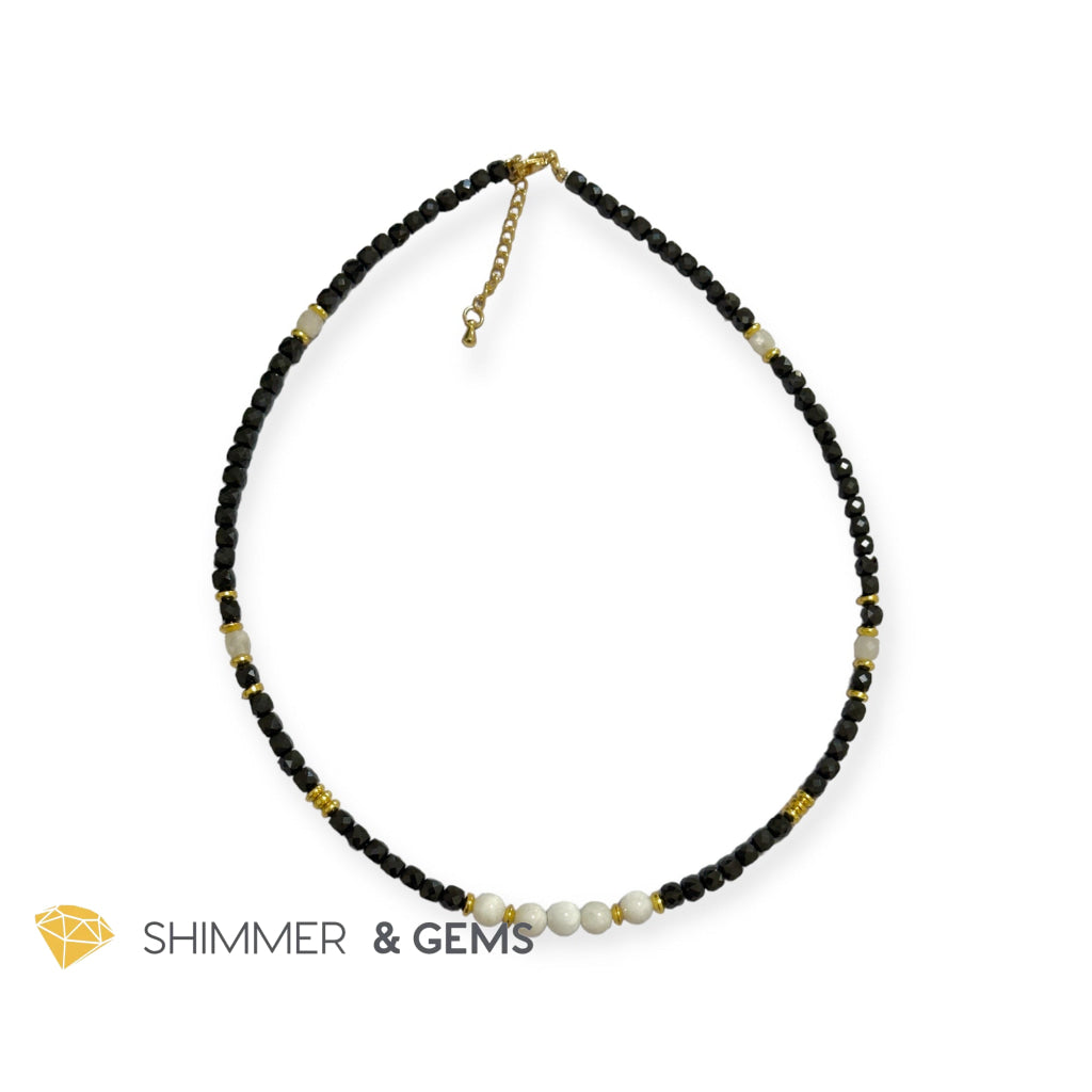 Black Spinel Cube with Opaque Round Moonstone Necklace with Stainless Steel Beads and Clasp