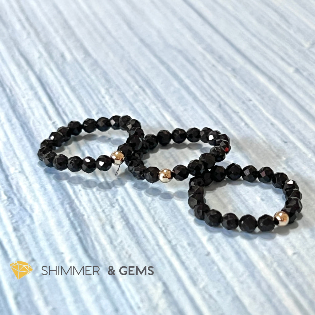 Black Tourmaline 3Mm Beaded Ring (Protection) With 14K Gold Filled Bead