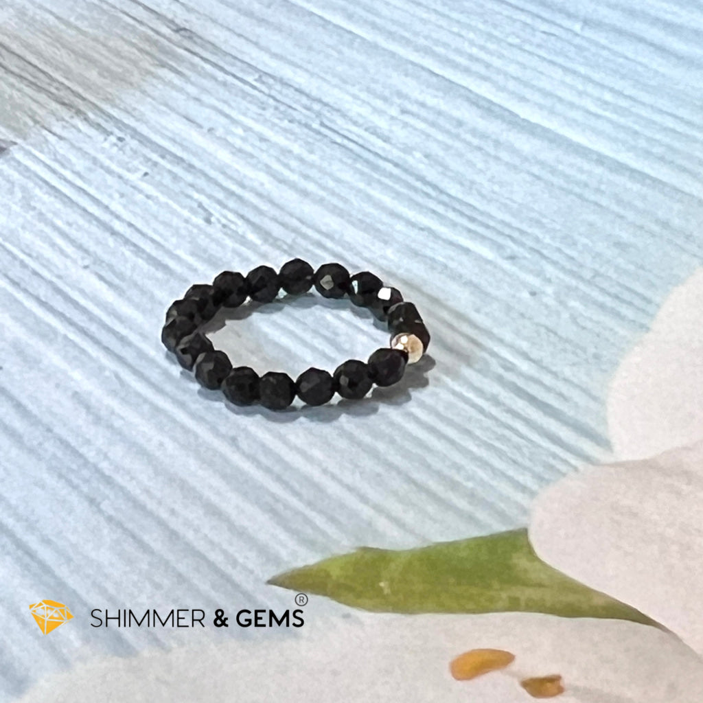 Black Tourmaline 3Mm Beaded Ring (Protection) With 14K Gold Filled Bead