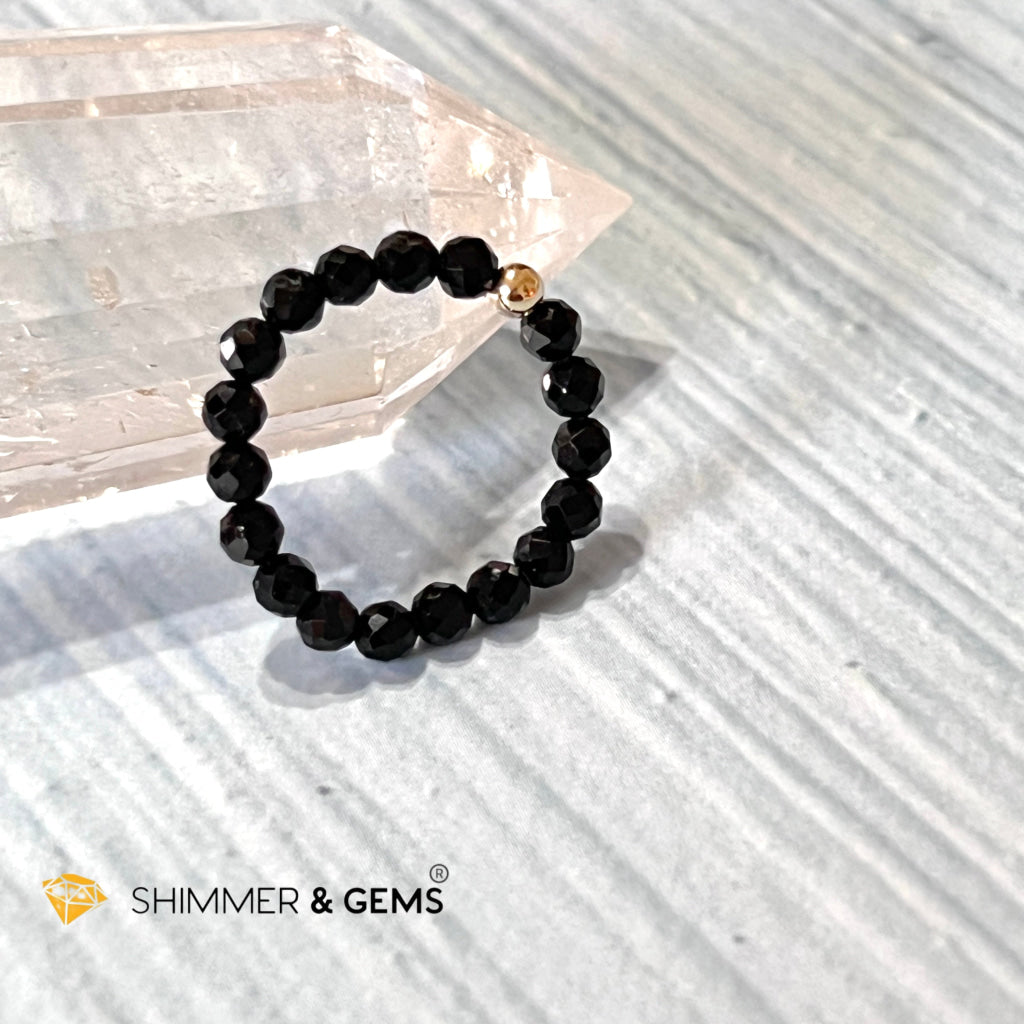 Black Tourmaline 3Mm Beaded Ring (Protection) With 14K Gold Filled Bead