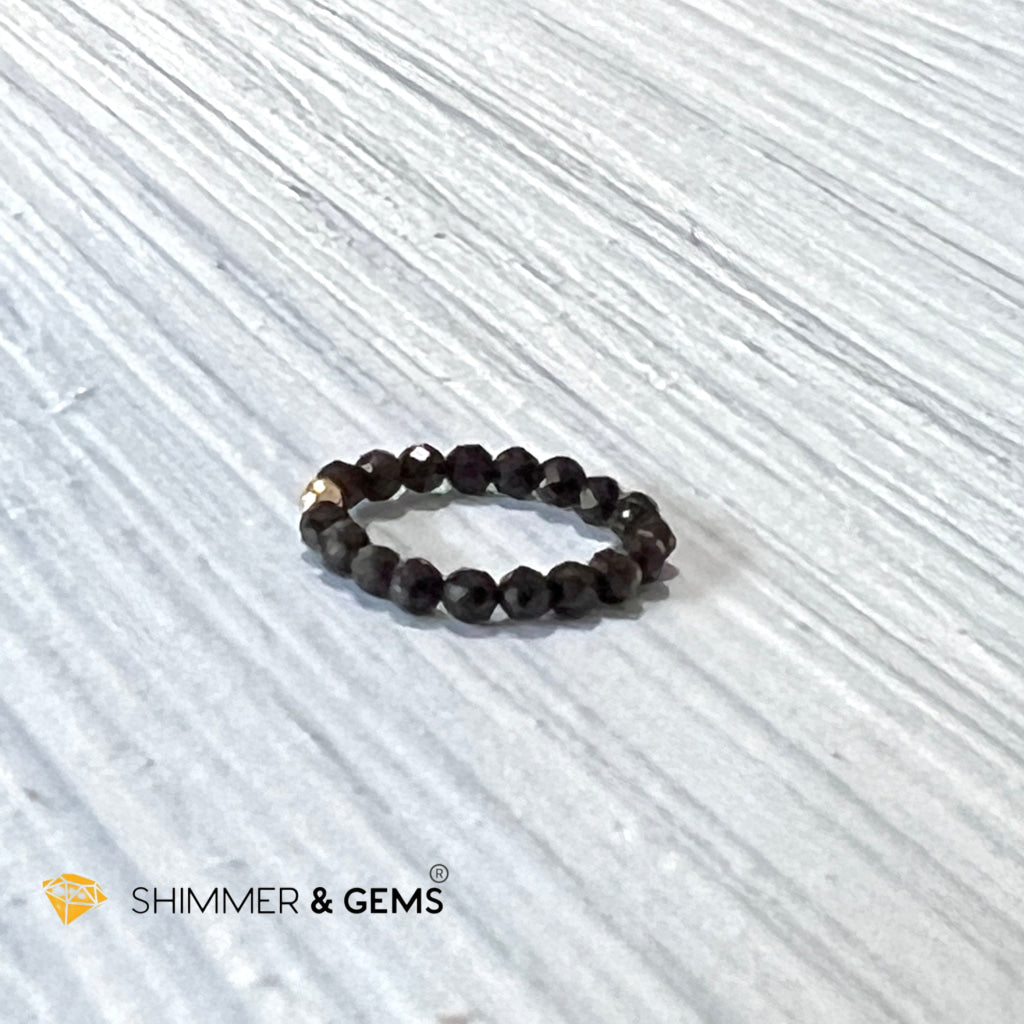 Black Tourmaline 3Mm Beaded Ring (Protection) With 14K Gold Filled Bead