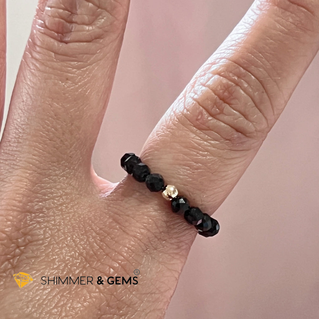 Black Tourmaline 3Mm Beaded Ring (Protection) With 14K Gold Filled Bead