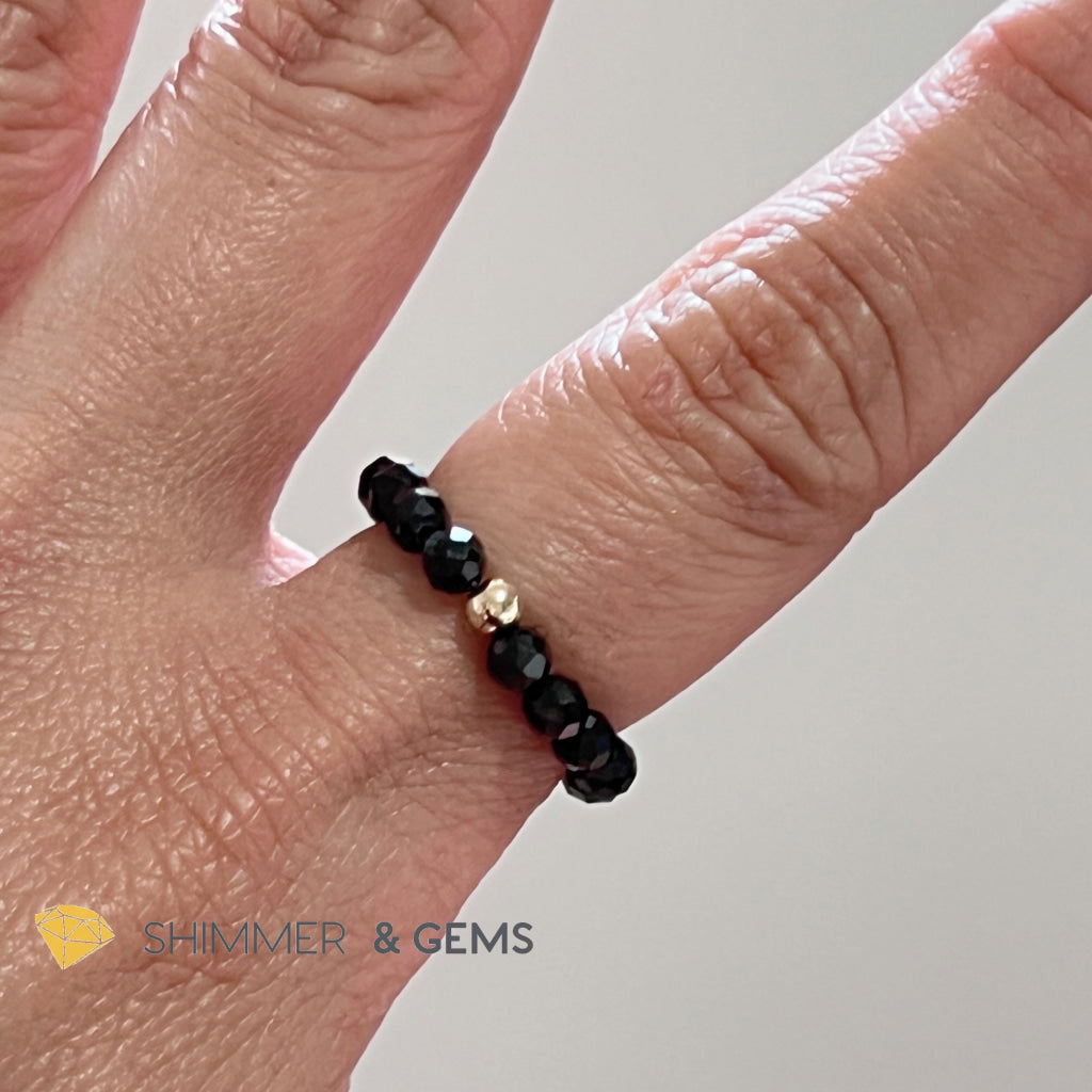 Black Tourmaline 3Mm Beaded Ring (Protection) With 14K Gold Filled Bead
