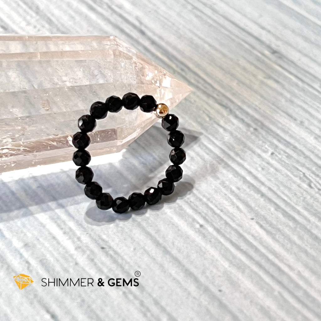 Black Tourmaline 3Mm Beaded Ring (Protection) With 14K Gold Filled Bead