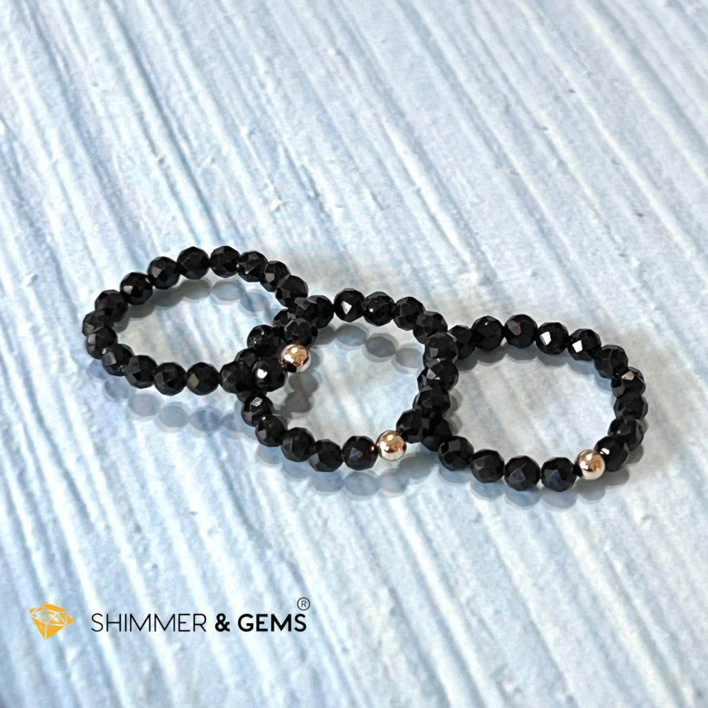 Black Tourmaline 3Mm Beaded Ring (Protection) With 14K Gold Filled Bead