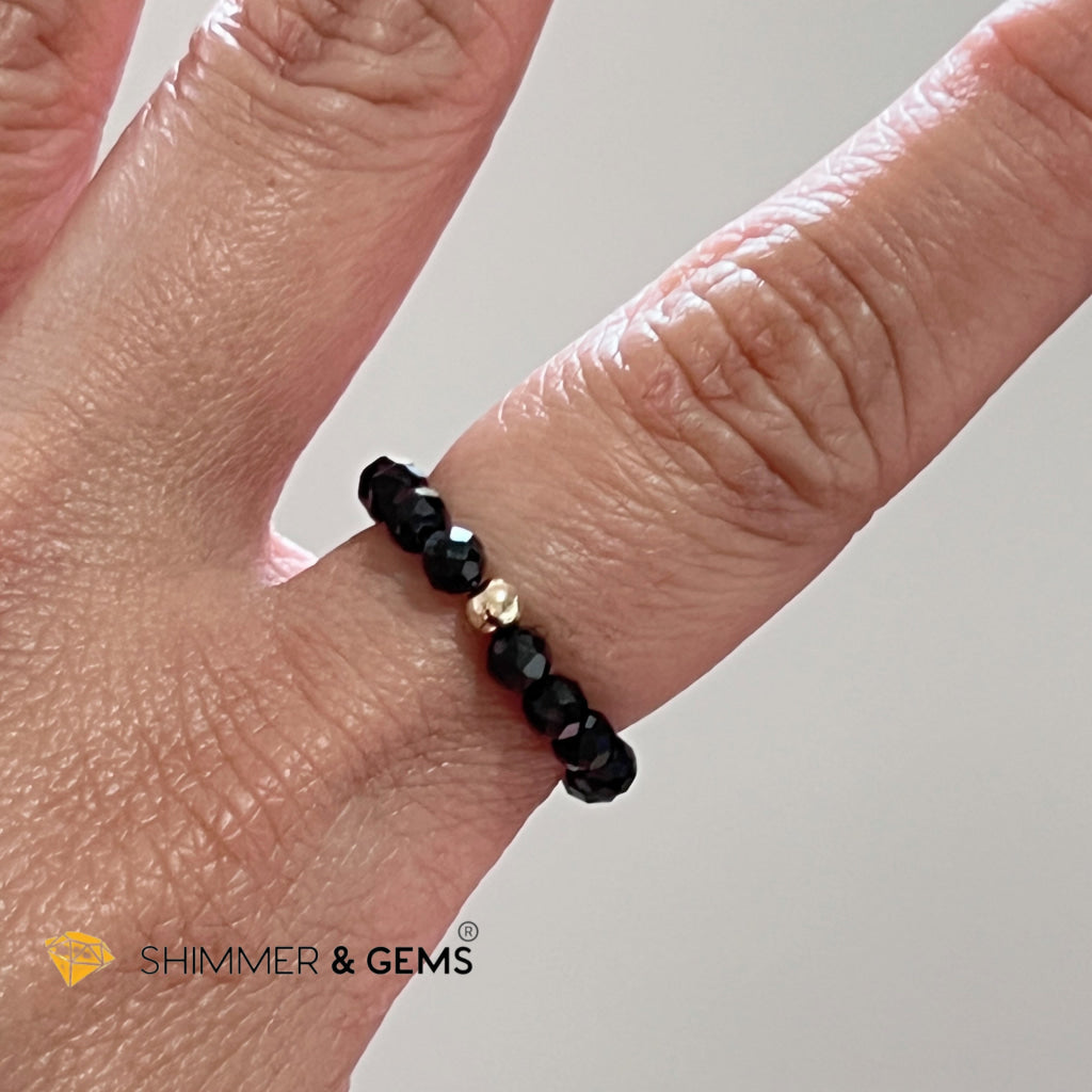 Black Tourmaline 3Mm Beaded Ring (Protection) With 14K Gold Filled Bead