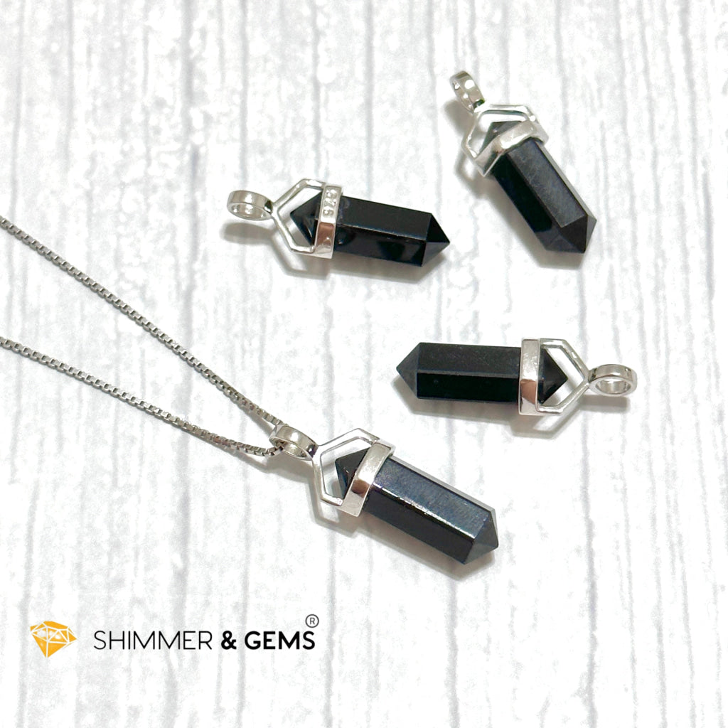 Black Tourmaline Double Pointer 925 Silver Pendant (Protection)