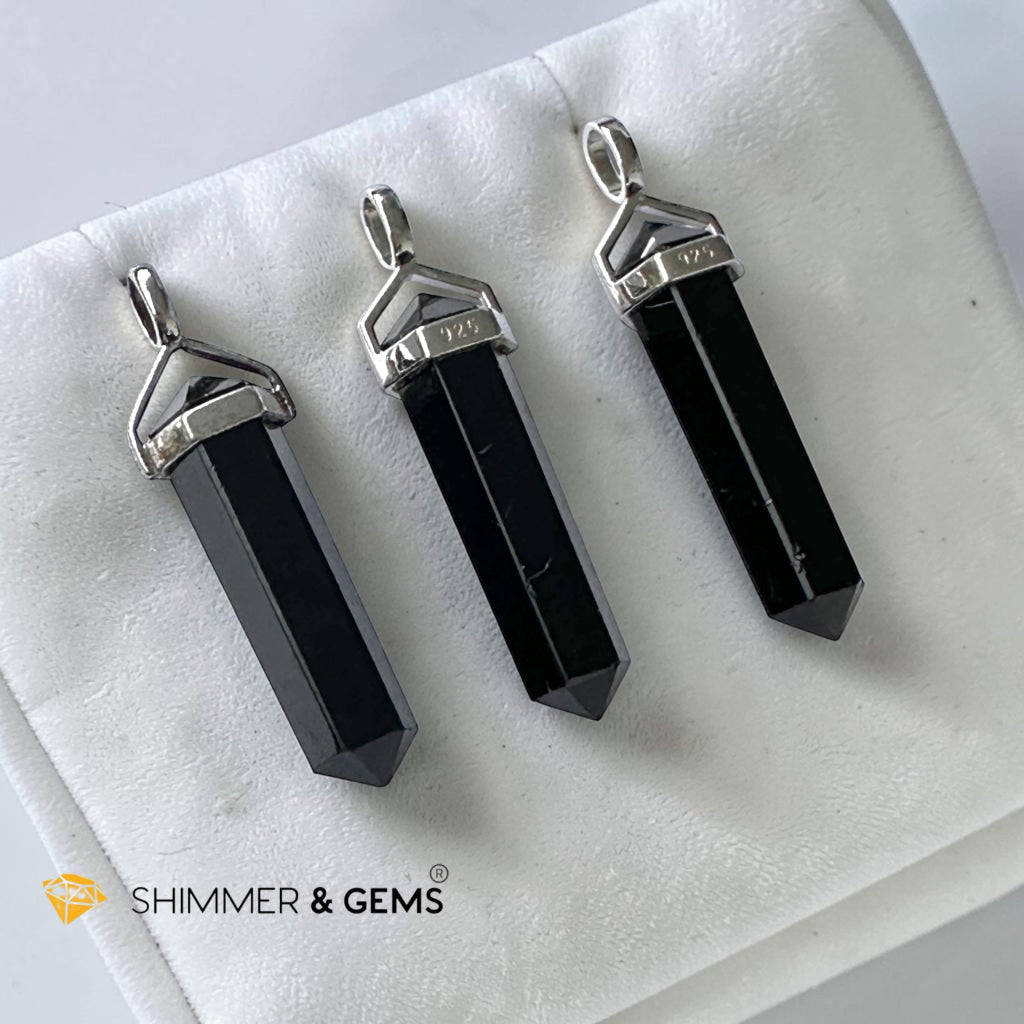 Black Tourmaline Double Pointer Pendant in 925 Silver 40mm (Protection & Energy Shield)