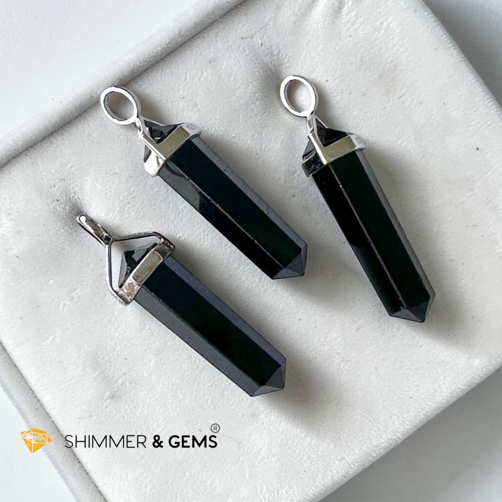 Black Tourmaline Double Pointer Pendant in 925 Silver 40mm (Protection & Energy Shield)