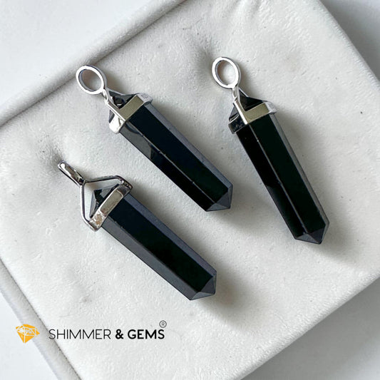 Black Tourmaline Double Pointer Pendant in 925 Silver 40mm (Protection & Energy Shield)